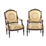 Pair Louis XVI style carved beechwood & bronze-mounted fauteuils late 19th century, shaped crestrail