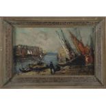 American school (late 19th/early 20th century) BEACH SAILING BOATS oil on board, framed, signed