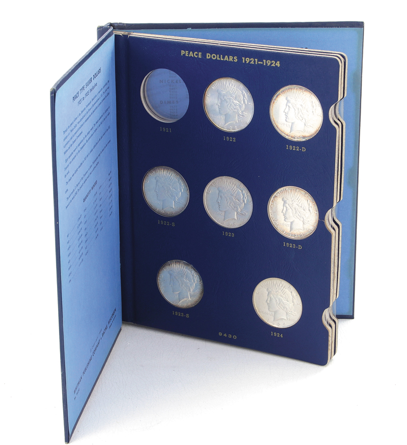 Coins: US Peace silver dollars in Whitman album 1922, 1922-D, 1922-S, 1923, 1923-D, 1923-S, 1924,