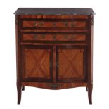 Louis XVI style inlaid kingwood cabinet mid 19th century, gray-veined marble top, configuration of
