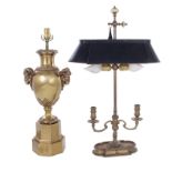 Chapman brass lamps urn shape H38""; candle with tole shade H29"" (2pcs) Provenance: North