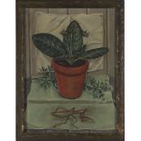 Virginia Snedeker (New York, b. 1909) PRAYING MANTIS AND POTTED PLANT STILL LIFE oil on canvas,