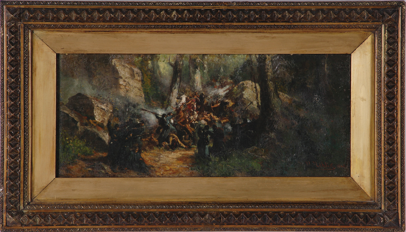 Victor Nehlig (New York, 1830-1909) BATTLE IN THE WOODS oil on canvas, framed, signed & dated V.