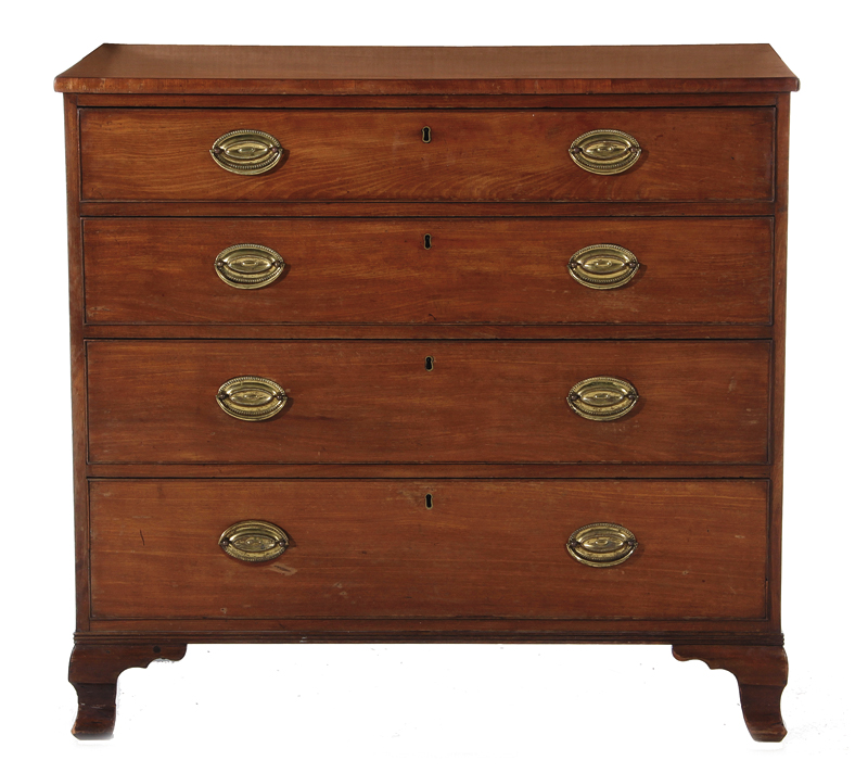 Georgian mahogany chest of drawers circa 1830, four long drawers on ogee feet; H37" W40" D20"