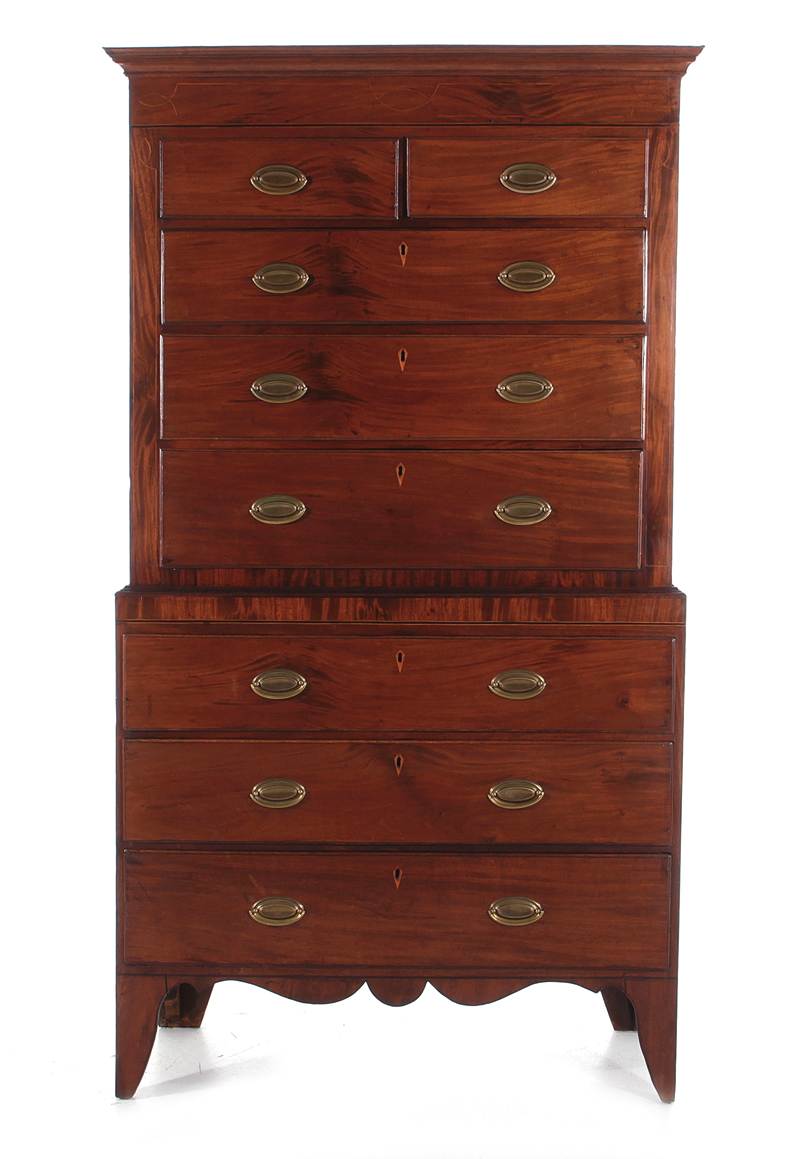 Georgian style inlaid mahogany chest on chest mid 19th century, molded crown on bracket feet; H77