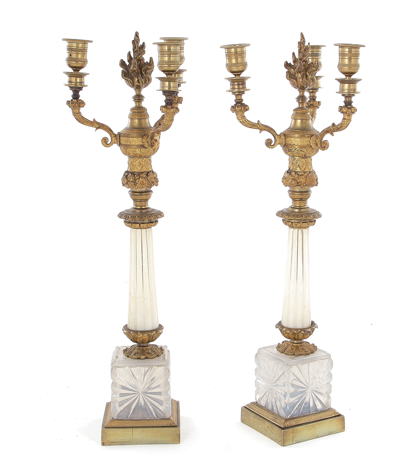 Pair French ormolu-mounted opaline glass candelabra early to mid 19th century, flame finial and