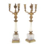 Pair French ormolu-mounted opaline glass candelabra early to mid 19th century, flame finial and