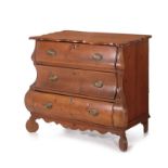 Continental pine chest of drawers 19th century, scalloped top, shaped front on scroll feet; H33"
