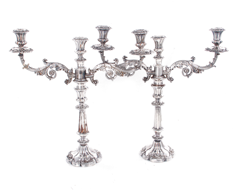 Pair English Old Sheffield plate three-light convertible candelabra 19th century, two detachable