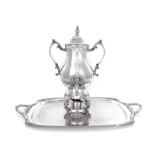 Silverplate tray and hot water kettle tray L28" W16 3/4", urn H19" (2pcs) Provenance: Georgia