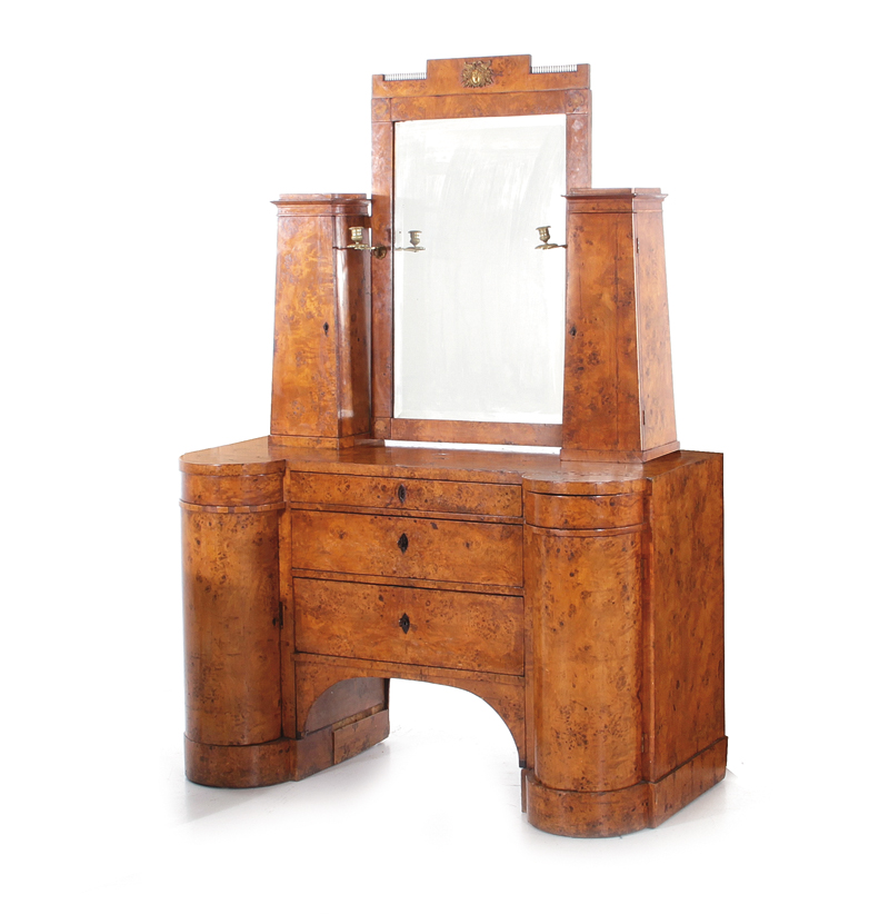 Empire ormolu-mounted burlwood coiffeuse, probably Austrian circa 1815, hinged mirror and gilt-