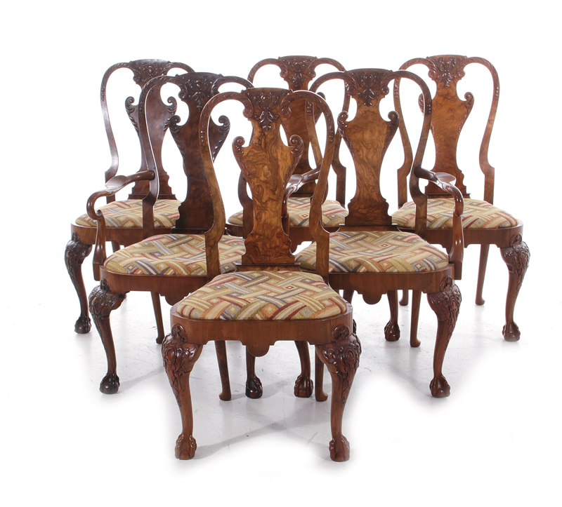 Queen Anne style burl walnut dining chairs late 19th/20th century, carved crestrail, urn splat,