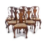 Queen Anne style burl walnut dining chairs late 19th/20th century, carved crestrail, urn splat,