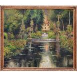 Southern school (20th century) GARDEN LANDSCAPE oil on board, framed, unsigned H20" W24" Provenance: