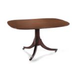 Regency inlaid mahogany tilt-top breakfast table circa 1810, inlaid top, turned pedestal, saber legs