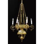 Brass seven-light chandelier late 19th century, central stem pierced scrolling band, supporting