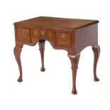 George II style inlaid walnut lowboy mid 19th century, molded top, herringbone inlay, three drawers,