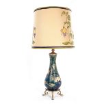 Moorcroft art pottery table lamp mid 20th century, with metal mounts and glass shade, vase H12"