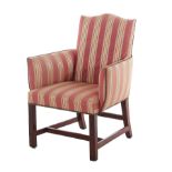 George III style upholstered mahogany armchair late 19th/early century, BH37" SH17" W28" D23"