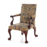 George II style upholstered and carved walnut library armchair late 19th/early 20th century, BH39