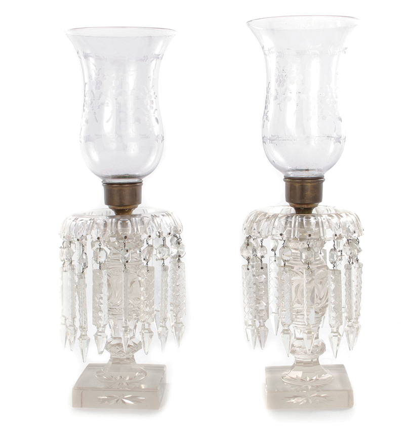 Pair cut-glass and etched hurricane shade candle lustres 19th century, candlesticks H12" and - Image 2 of 2