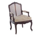 Louis XV style caned walnut armchairs late 19th/20th century, BH37" SH17" W25 1/2" D22"