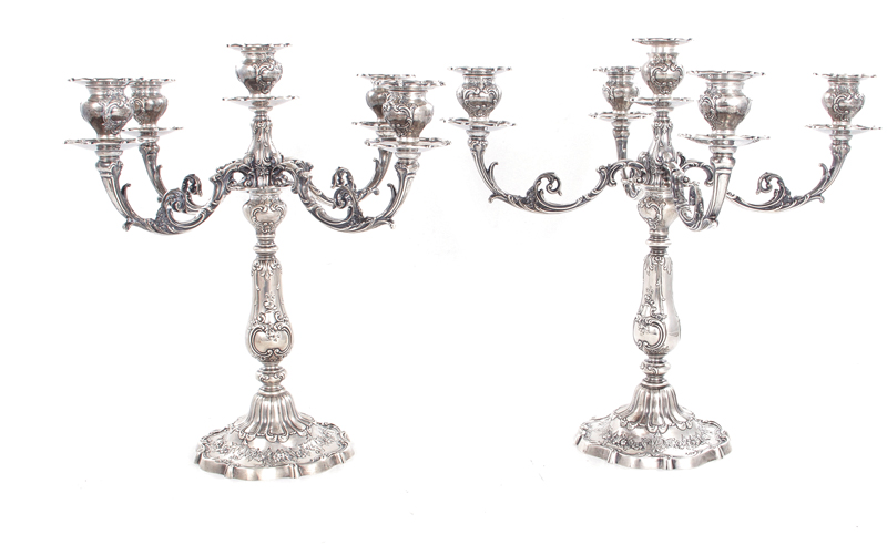 Pair Gorham sterling five-light candelabra dated 1959, ornate design, pattern 629-5, pair