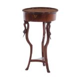 French Empire cherry work table early 19th century, round hinged and molded top, carved swan