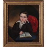 British school, 19th century YOUNG BOY READING BOOK oil on canvas laid to board, unsigned H29 3/4"