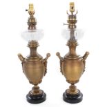 Pair French crystal and gilt-brass oil lamps 19th century, marked: KOSMOS, converted to electric;