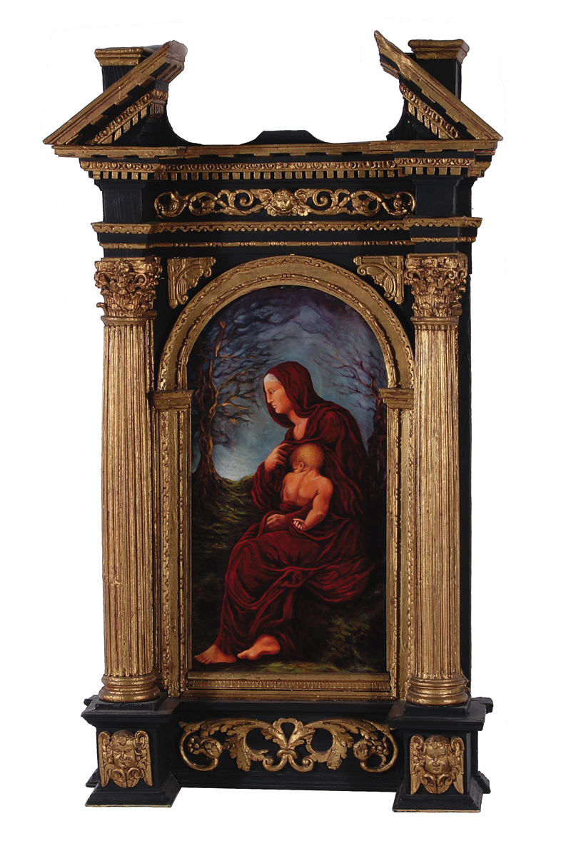 Italian Renaissance style painted and carved giltwood tabernacle frame 19th century, containing - Image 2 of 2