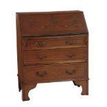 Adam style paint-decorated mahogany bureau circa 1900, fallboard, fitted interior, three drawers,