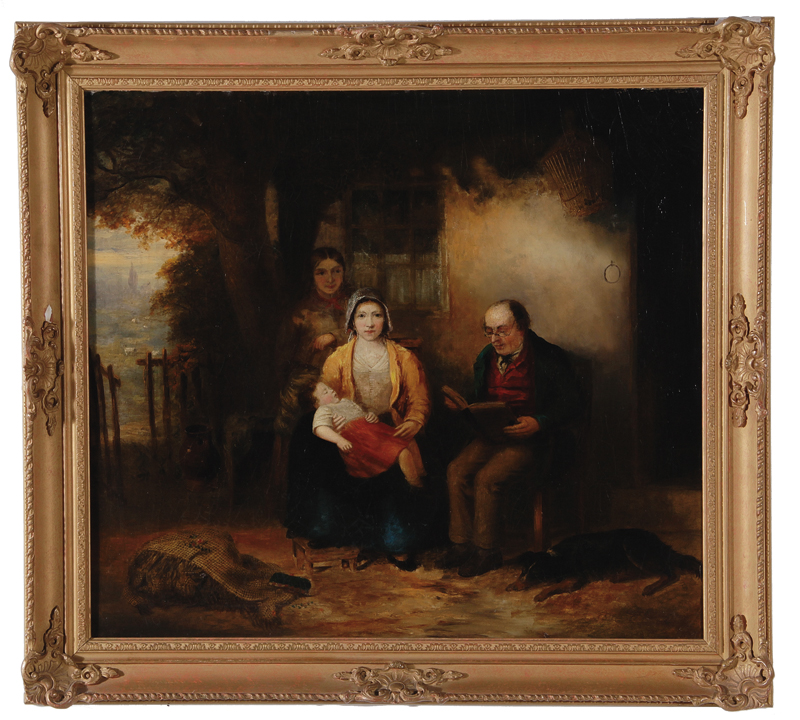 British school, 19th century PORTRAIT OF FAMILY READING oil on canvas, framed, unsigned H25 1/2"