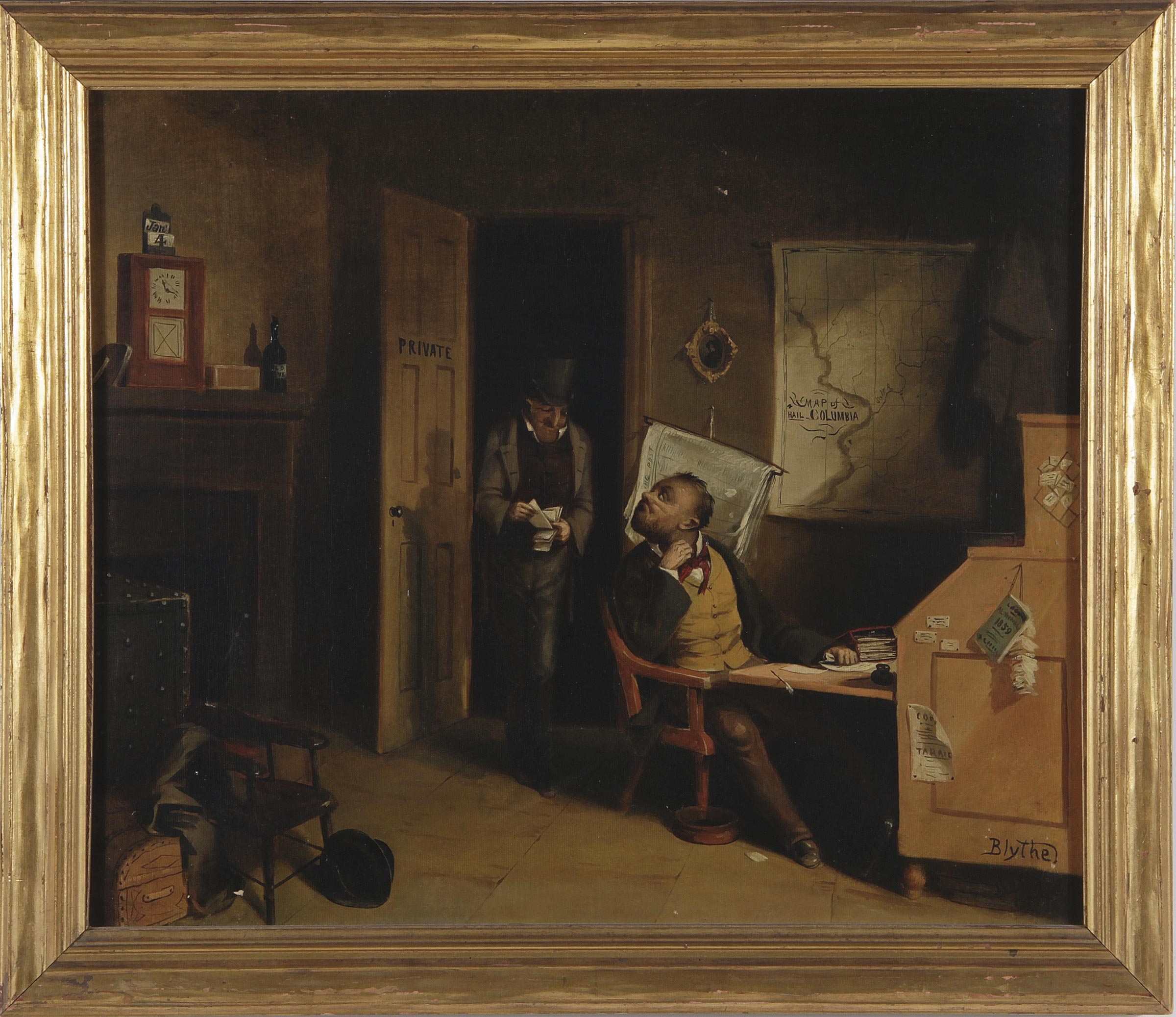 David Gilmour Blythe (Pennsylvania, 1815-1865) JANUARY BILLS oil on canvas, framed, signed: lower