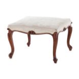 Continental carved fruitwood footstool circa 1880, overupholstered cushion, carved skirt, cabriole
