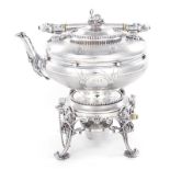 American silver kettle on stand circa 1875, pivoting handle, swan finial on bulbous engine-turned