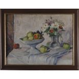 Julia L. McMorris (America, mid 20th century) FRUIT AND FLOWER STILL LIFE oil on artistboard,