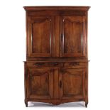 French Provincial fruitwood buffet deux corps late 18th/19th century, molded crown and doors on