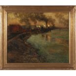 Frits Thaulow (Norwegian, 1847-1906) FREIGHT TRAIN, DUSK oil on canvas laid to board, framed, signed