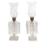 Pair cut-glass and etched hurricane shade candle lustres 19th century, candlesticks H12" and