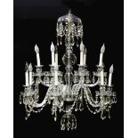 Baccarat style crystal twelve-light chandelier turned stem, supporting shaped arms, H40" Dia.28"