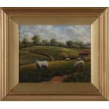 Pair British landscape paintings SHEEP IN MEADOW, oil on canvas, framed, signed illegibly, H9"