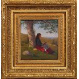 William Moore Davis (New York, 1829-1920) YOUNG GIRL READING BY TREE oil on canvas on board, framed,