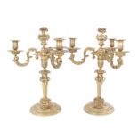 Pair French bronze-dore three-light candelabra late 19th century, in the Louis XIV taste with