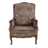 Louis XV style carved beechwood armchair late 19th century, with needlework upholstery, BH 39" SH16"