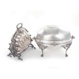 English silverplate revolving tureen and biscuit warmer Elkington breakfast dish H9" L13"; and