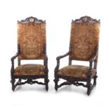 Pair Louis XIV style carved beechwood armchairs pierced crestrail with masque-head decoration and