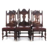 Jacobean Revival carved oak dining chairs late 19th/early 20th century, 5 side and 1 armchair; BH45"