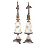 Pair French gilt-opaline glass oil lamps 19th century, gilt-metal mounts with hoof feet, H21 1/2" (