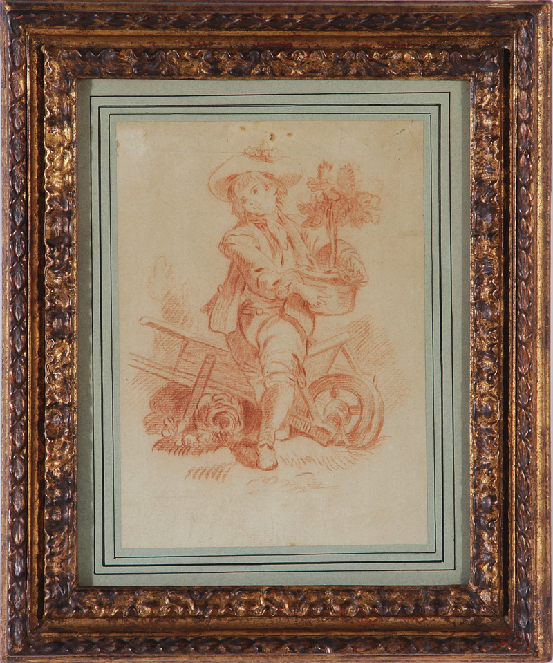 French school, 18th century STUDY (Boy Standing by Wheelbarrow Holding Potted Plant) red chalk on